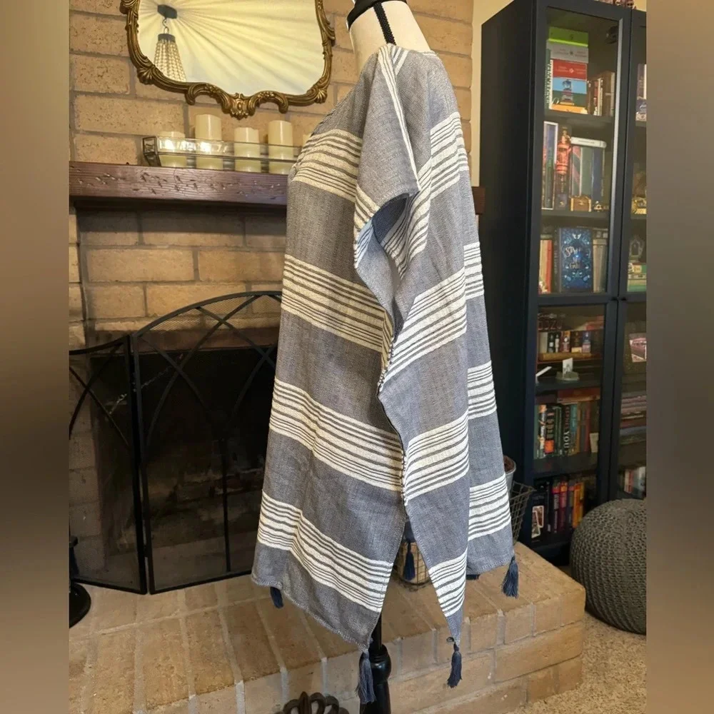 SURF GYPSY Dusty Blue & White Striped Tassel Trimmed Coverup - Size Medium